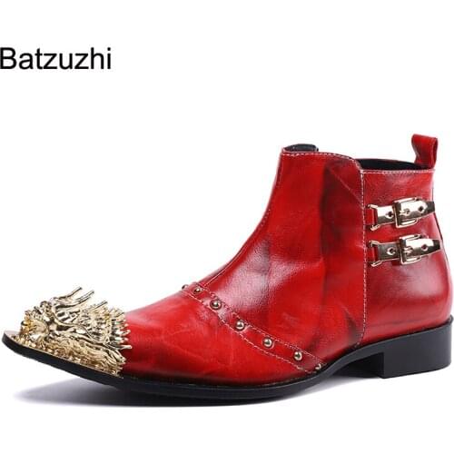 Batzuzhi Western Fashion Men Boots Shoes New Design Golden Metal Toe Red Genuine Leather Short Boots Men Zip Party Botas Hombre