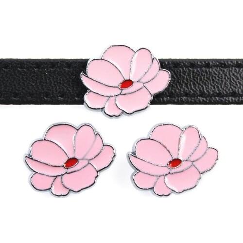 8mm Pink Lotus Slide Charms Flat Hole Enamel Beads Keeper Fit 8mm Stainless Steel Mesh Bracelets DIY Jewelry Making
