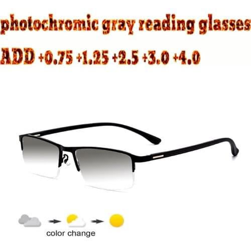 Business Mens Halfrim Photochromic Gray Reading Glasses Comfortable Alloy High Quality +1.0 +1.5 +1.75 +2.0 +2.5 +3 +3.5 +4
