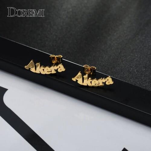 DOREMI Personalized Custom Name Earring Gold Nameplate Stud Earrings For Women Girls Initial Custom Sateinless Name Ear jewelry