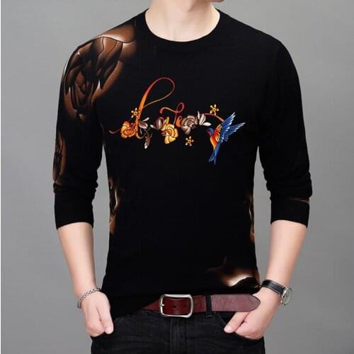 Spring round collar t shirt men koszulka bts hip hop streetwear men t shirts floral print long sleeve homme camisetas