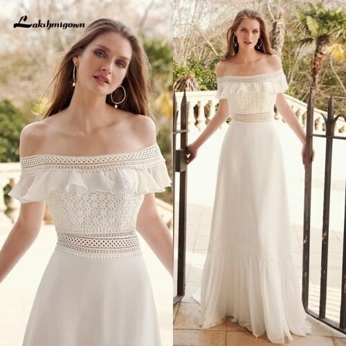 Lakshmigown Elegant Chiffon Boho Wedding Dresses 2021 Off Shoulder Lace Sweep Train A line Wedding Dress vestido de novia