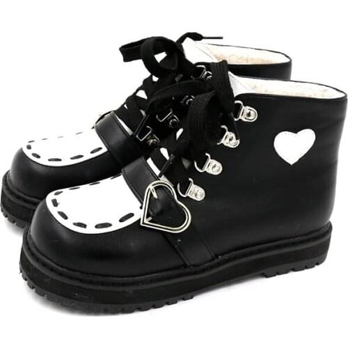 Lolita Japanese Cute Round Head Lolita Boots Thick Bottom PU Plus Velvet College Style Girls Shoes Princess Winter Loli Shoes