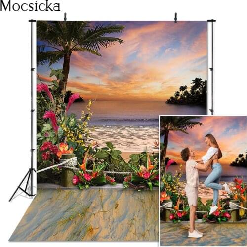 Mocsicka Hawaii Beach Photography Background Coconut Tree Tropical Flowers Summer Backdrops Vacation Scene Props Photo Studio