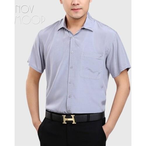 Novmoop solid grey color men summer smart casual style short sleeve 100% silk shirt ropa hombre camisas masculina LT3160