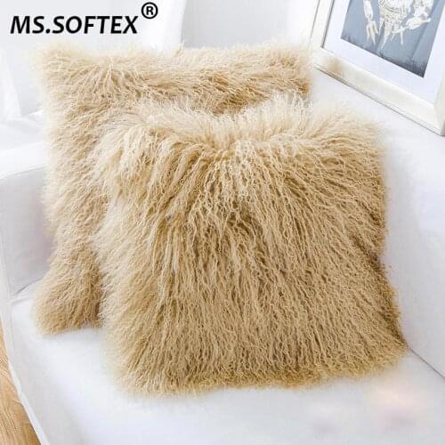 MS.Softex Mongolian lamb fur Pillow Case Real Fur Cushion Cover High Quality Natural Lamb Fur Pillow Cover Fluffy Fur