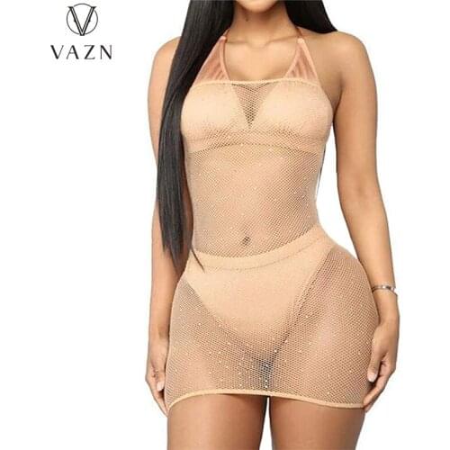 VAZN New 2021 Sleeveless Summer Boho Mesh Fabric See Through Mini Dresses Clothing Sexy Shinny Young Lady Dress