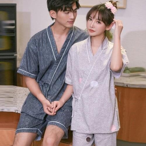 Japanese Style Yukata for Adult Couples Clothing Woman Kimono Cotton Short V-neck Man Jinbei Pajamas Sleepwear Clothing Set