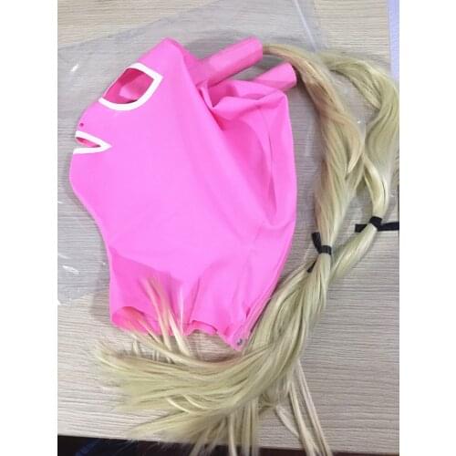 Rubber Fetish Mask Two Braid Wigs Latex Headgear Sexy Cosplay Accessaries