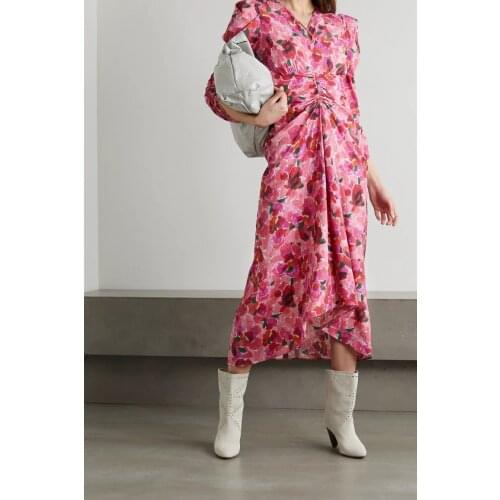 V-neck Long Sleeves Asymmetric Long DRESS Cinched waist Fashion Dress 2021ss Woman Pink Red Floral Print Albi Midi Dress