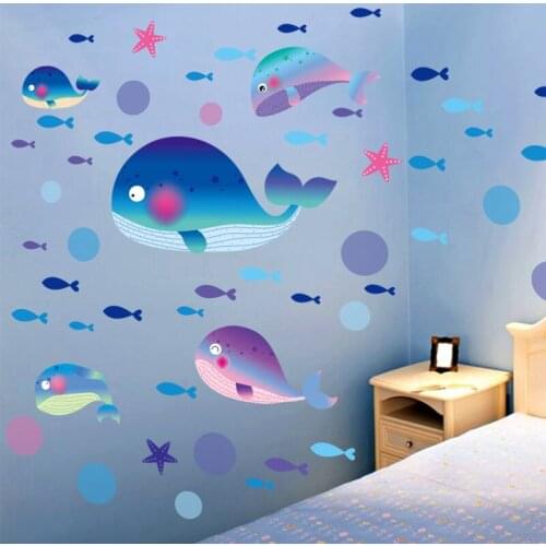 Cartoon little whale wall sticker Vinyl DIY blue whale starfish wall decals For Childrens room bathroom home decor sticker