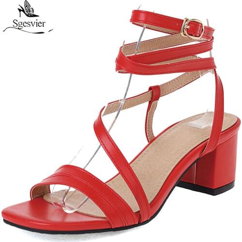 Sgesvier 2021 Sexy Ankle Cross-Strap Lady Summer Shoes Open Toe Cross-tied Women Thick Heels Sandals Gladiators Big Size 28-52