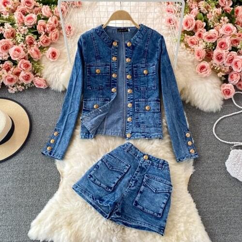 Korean Chic Hong Kong Style Denim Womens Lapel Versatile Cardigan Coat Two-piece Suit High Waist Wide Leg Shorts Fashion Sets