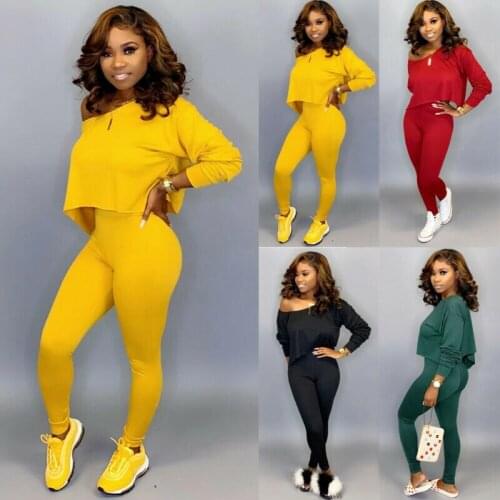 Women 2 Piece Outfits Long Sleeve Off Shoulder Crop Top Pants Set Casual Jumpsuit Autumn long Sleeve Pure legging