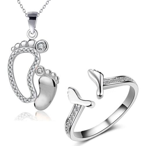 Zirconia Jewelry Set Lovely Feet Pendant Necklaces Feet Opended Resiable Rings Fashion Party Mothers Day Gifts for Women