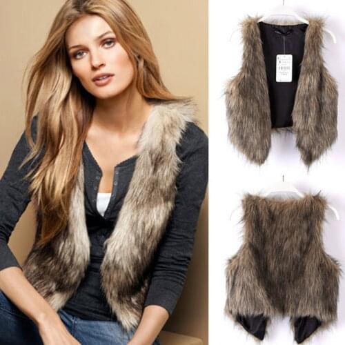 Womens New Spring Autumn Short Sleeveless Khaki Vest High Quality Faux fox Fur Slim Female Coat Warm Ladies Jacket