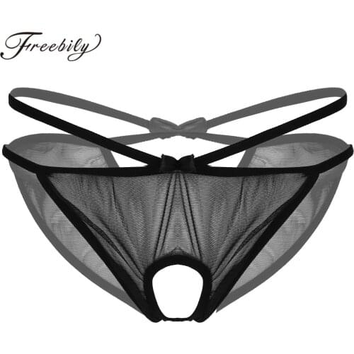 Womens Lingerie See-through Mesh Crotchless Briefs Low Waist Underpants Cut Out Back Bowknot Panties Elastic Waistband Underwear