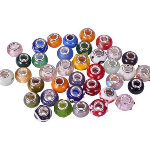 100pcs Mixed Styles Handmade Lampwork Glass European Beads Large Hole Rondelle Beads 14~16x10mm with Brass Double Cores F70