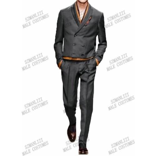 2021 Men Suits For Wedding Dark Grey Double Breasted Blazer Shawl Lapel Groom Tuxedo Slim Fit Terno Masculino Costume Homme