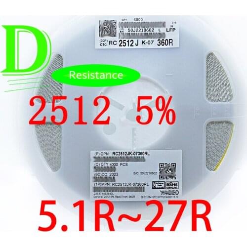 50PCS SMD Resistor 2512 5% RC2512JK-07 Series 5.1R 5.6R 6.2R 6.8R 7.5R 8.2R 9.1R 10R 11R 12R 13R 15R 16R 18R 20R 22R 24R 27R