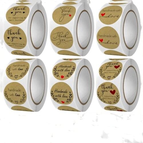 500pcs Natural Kraft Thank You Sticker Hand Made With Love Sticker Scrapbook Envelope Gift Flower Decoration Stationery Label