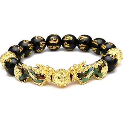 Feng Shui Black Beads Alloy Wealth Bracelet Unisex Wristband Gold Black Pixiu Wealth And Good Luck Women Men Bracelet