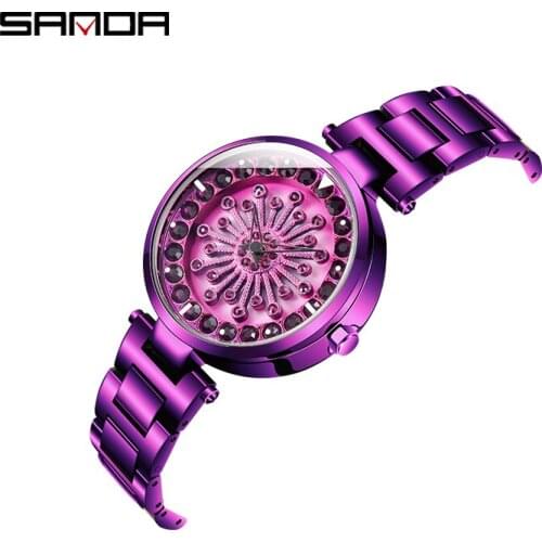Watch Women SANDA P1017 Fashion Diamond Quartz Ladies Watches Multicolor 360 Degree Rotating Watch Girl Wristwatch With Tool