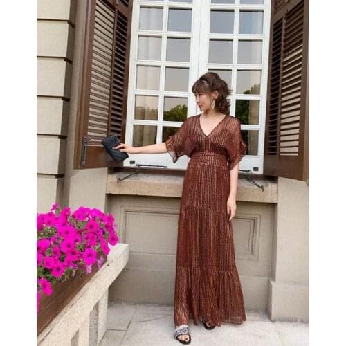 Elfbop Women Ladies V Neck Shimmer Thread Long Dress - Ladies/Female Lurex METALLIC YARN Mixi Dress