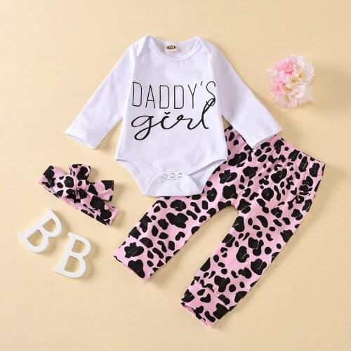Baby Girl Outfit Baby Girl Clothes Set Cotton Letter Long Sleeve Bodysuit Tops+leopard Print Trousers+headband 3 Pieces 0-18M