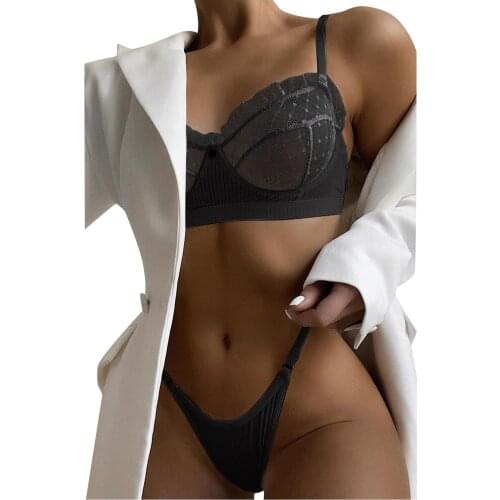 Women Flower Lace Split Sexy Lingerie Set Push Up Bra Garter Belt Underwear Nightwear Sexy Transparent Underwear + Thong Suit