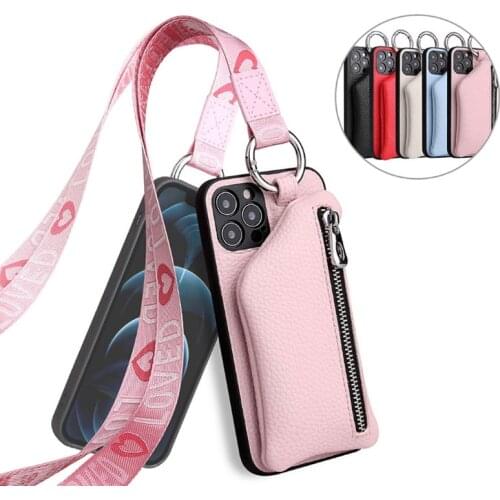 For iPhone12 Pro Max XS X XR SE 11 Pro Max 6 6S 7 8 Plus Leather Zipper Coin Walle Phone Case Cover with Lanyard