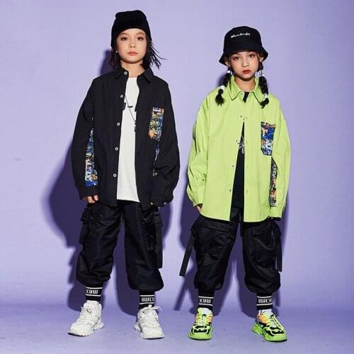 Boys HipHop Suit Kids Long Sleeve Green/Black Jacket Child Modern Street Dance Performance Clothes Girls Jazz Outfits DWY4986