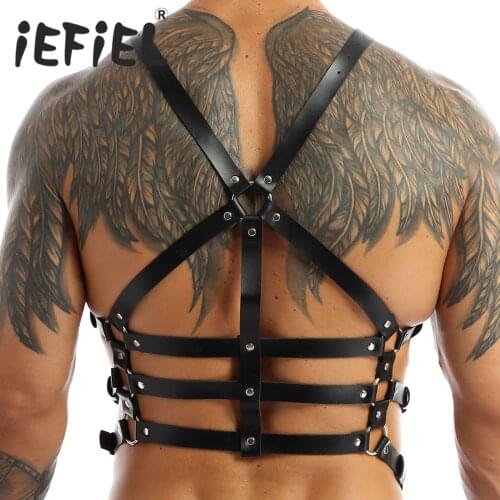 Mens Nightclub Sexy Party Body Chest Harness Buckle PU Leather Harness Punk Gothic Metal O-Ring Haler Body Shoulder Chest Belt