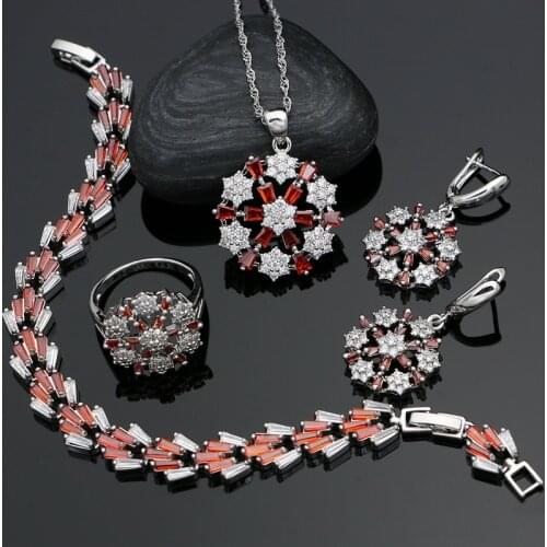925 Silver Bridal Jewelry Set Red Cubic Zirconia White Crystal For Women Earrings Necklace Pendant Bracelet Ring Set