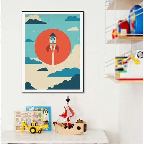 Nursery Wall Art Space Poster Canvas Prints Spaceship Wall Art Picture Minimalist Canvas Painting Boys Room Art Wall Decor