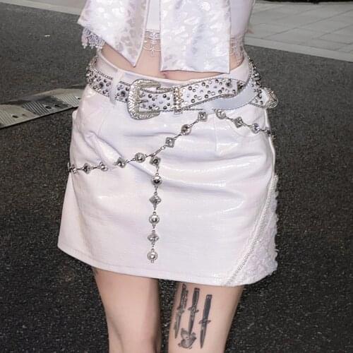 Original White PU Leather Sexy Hippie Skirts Slim Faux Leather Skirt Hot Girl Pop Sweet Mini Skirt with Crystal Chain Waist Belt