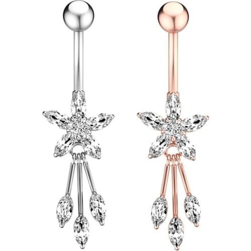 Sexy Dangle Navel Ring Rhinestone Flower Stainless Steel Body Piercing Jewelry Belly Ring Women Body Jewelry