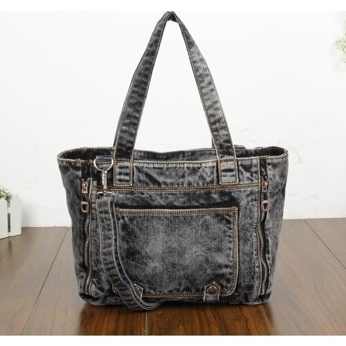 Casual Fashion Zipper Trendy Design Denim-wash Vintage Women Tote Bags Lady Handbags Jeans Denim Shoulder Bag Messenger bags