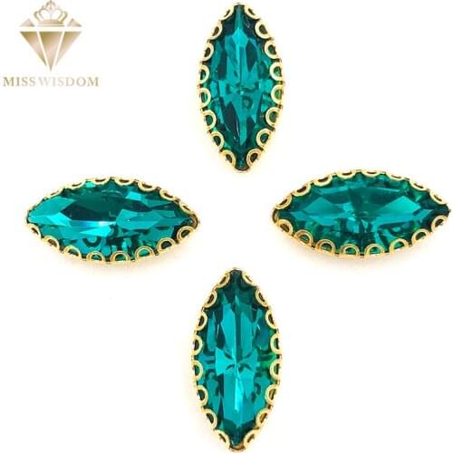 NEW 7X15mm Malachite green Horse eye sew on rhinestones gold base with hole lacy claws glass crystal rhinestones Diy accessories