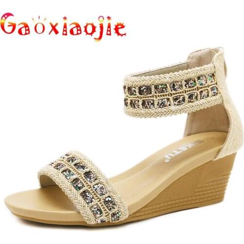 Female Sandals New 2021 Fashion Sequins Zipper Wedge Slippers Wear Comfortable Soft Cow Muscle Bottom Large Size Roman Sandals
