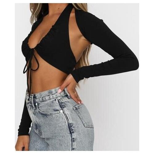 Hirigin 2021 Sexy Women Knitted Cropped Tops Drawstring Low-cut Halter Camis + Long Sleeve Covers Ribbed Stretch Streetwear