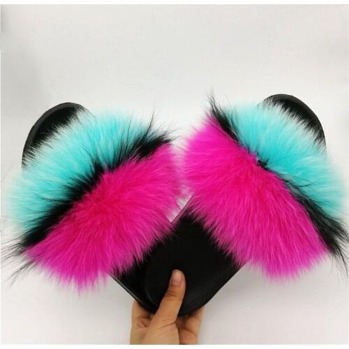 Plush Real Fox Skin Flip Flops Womens Raccoon Fur Slippers Flats Rainbow Furry Slippers Ladies Cute Fluffy Outdoor Sandals