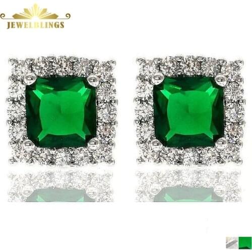 Gorgeous Micro Pave Clear CZ 4 Prong Set Princess Cut Green Square Stud Earrings for Women Prom Evening Party Outdoor Jewelry