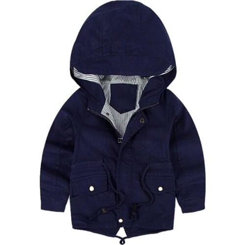 Boys Outerwear Solid Color Hooded Tops Kids Windproof Outdoor Clothes Cotton Coats with Zipper Autumn Spring Elastic Long Sleeve