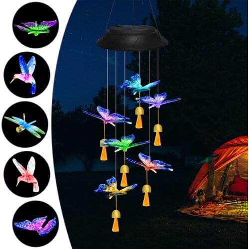 Solar Powered Wind Chimes Lights LED Color Changing Garden Decor Lighting Outdoor Waterproof Hanging Hummingbird Bell Light