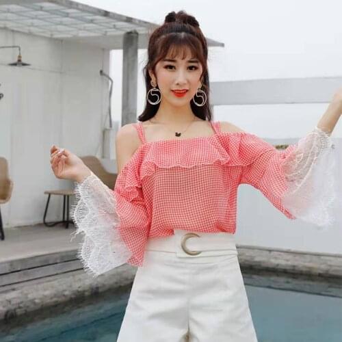 2019 New Women Slash Neck Plaid Shirt Summer Sweet Bow Lace Blouse Female Flare Sleeve Ruffles Backless Blouses Short Tops A1470