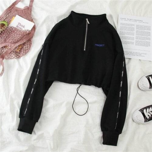 Women Zipper Autumn Black Solid Hoodies Cropped Streetwear Long Sleeve Sweatshirt Cool Loose Pullover High Street Hoodie Females