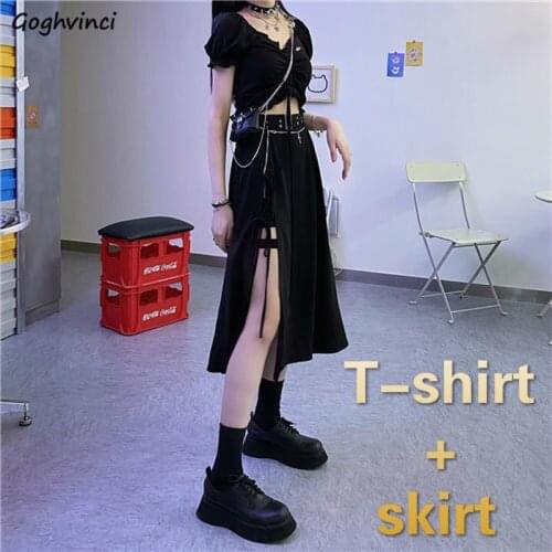 Women Sets Ruffles Side Split Mid-calf Skirt Sexy Puff Sleeve Navel T-shirt Black Female Cool Slim Chic Night Club Trendy New