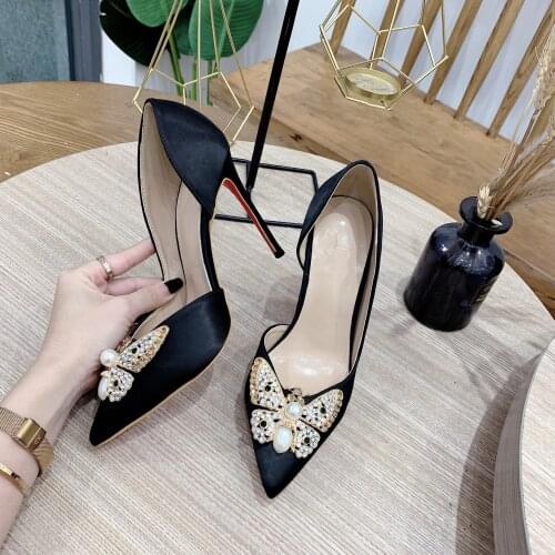 Woman Fashion Point-Toe High-Heeled Shoes with Diamond Butterfly Button Female Single Shoes