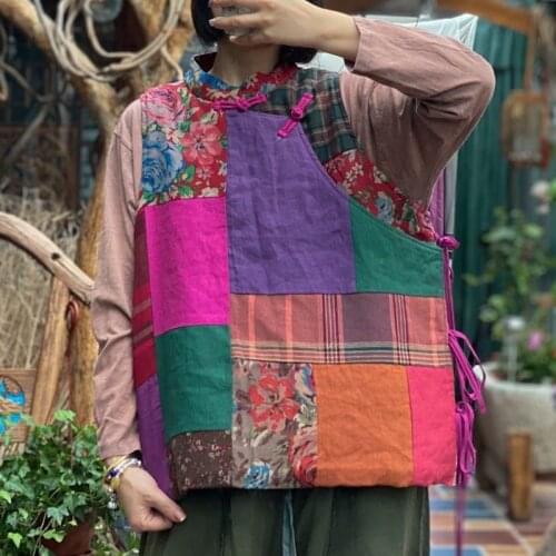 Johnature Women Vintage Cotton Chinese Style Random Patchwork Flower Vests Coats Sleeveless O-Neck 2020 Winter Female Vests